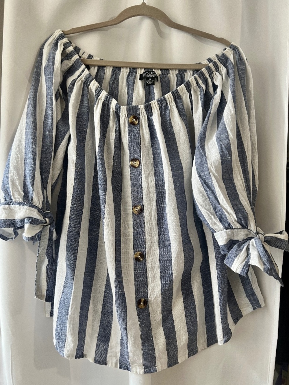 Rouge Collection Off-The-Shoulder Linen Blend Striped Top | Size 3X